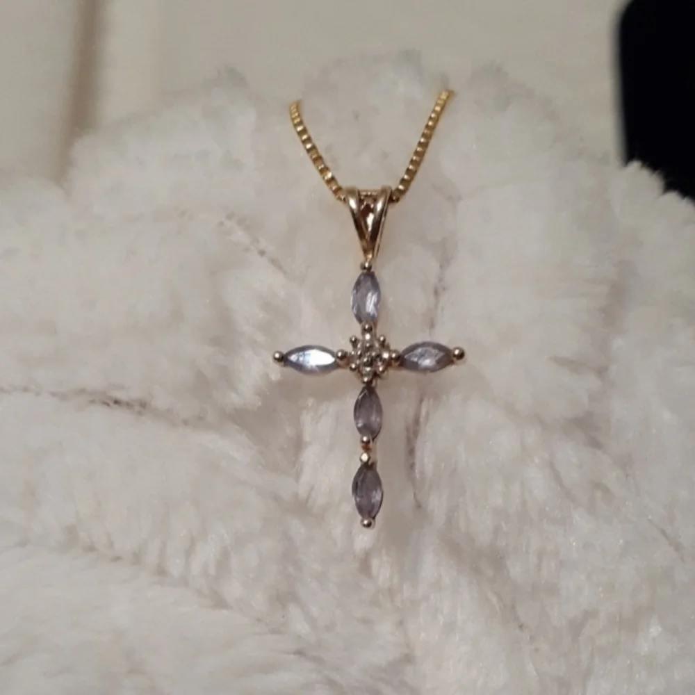 Solid 14k Gold Tanzanite Diamond Cross Pendant - Picture 4 of 14